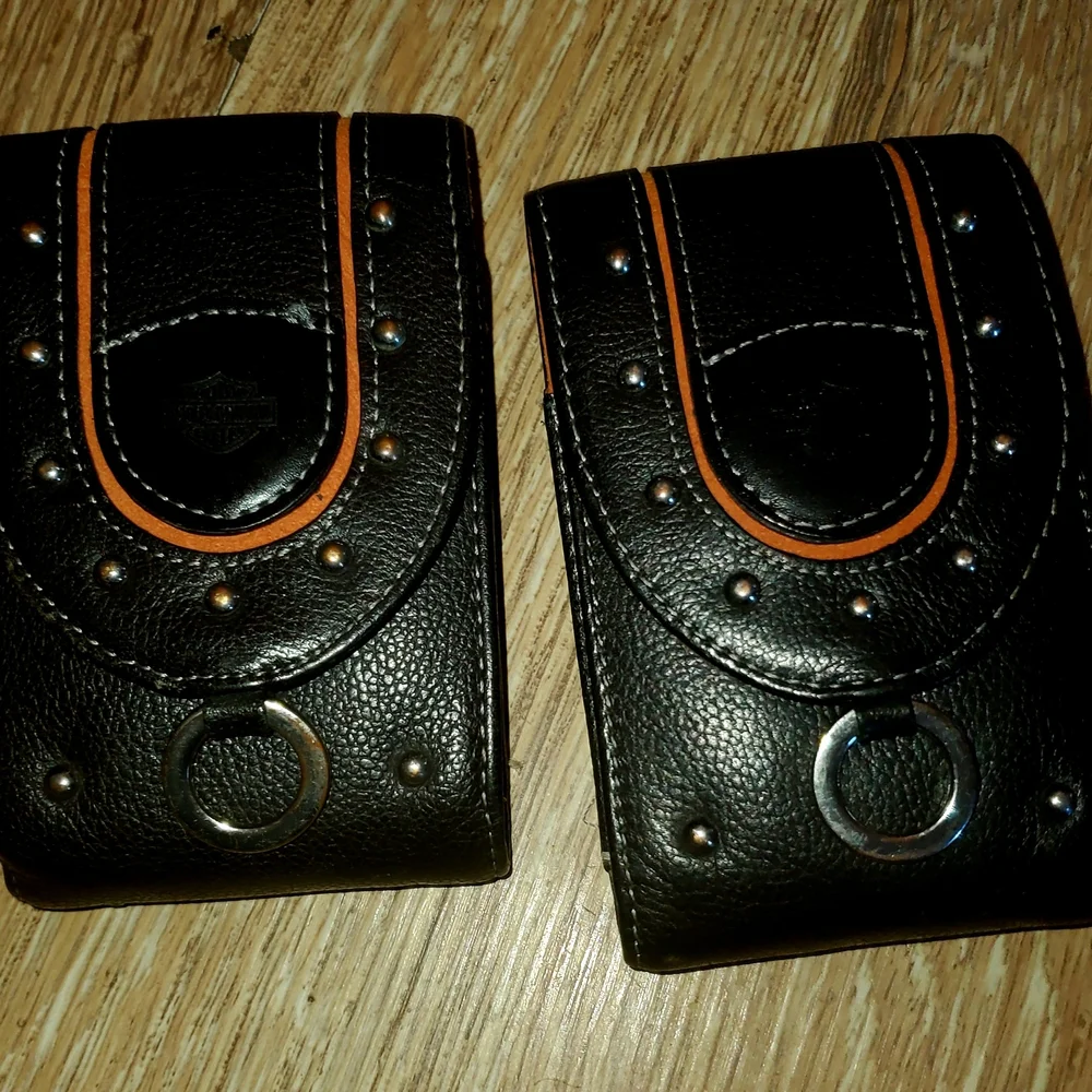 Black Leather Phone Holster with Orange Accents